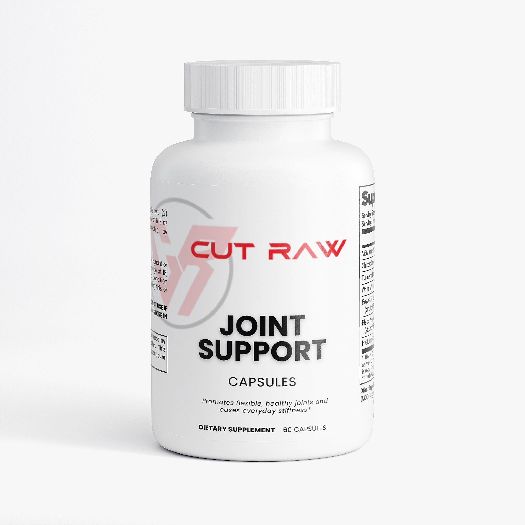 Joint Support Pain relief Supplement bottle labeled 'Cut Raw Joint Support' on a white background